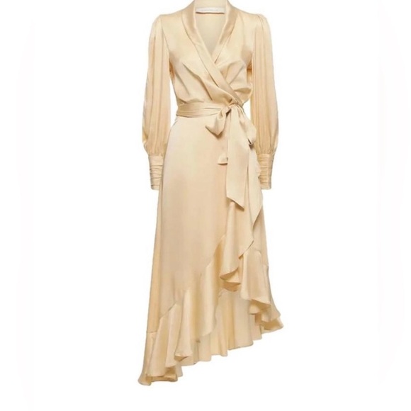Zimmerman Asymmetric ruffled duchesse silk-satin midi wrap dress size 2 / US 8